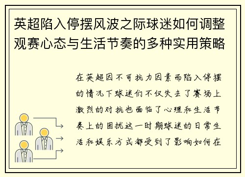 英超陷入停摆风波之际球迷如何调整观赛心态与生活节奏的多种实用策略