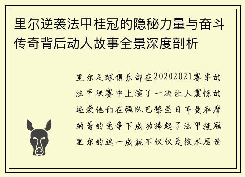 里尔逆袭法甲桂冠的隐秘力量与奋斗传奇背后动人故事全景深度剖析
